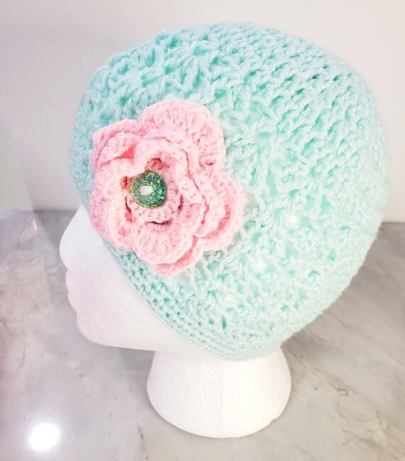 Beautiful Light Green Crochet Hat with Pink Flower/ Knitted Beanie for Girls/ Toddler ( 1 to 3 Years Old)/ Winter Hat