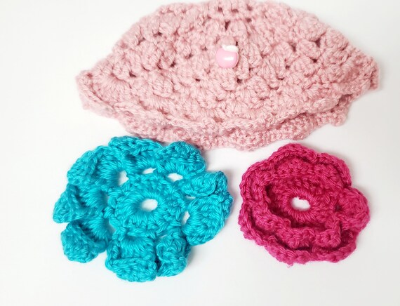 Crochet Hat for American Girl Doll/ Pink Knitted Hat with Two Interchangeable Blue and Pink Flowers/Gift