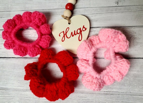 3 Crochet Hair Scrunchies/ Gift/ Light Pink, Dark Pink, and Red/