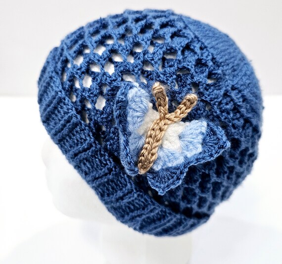 Blue Crochet Hat with Butterfly for girls/ Knitted Beanie/ Butterfly Crochet Hat