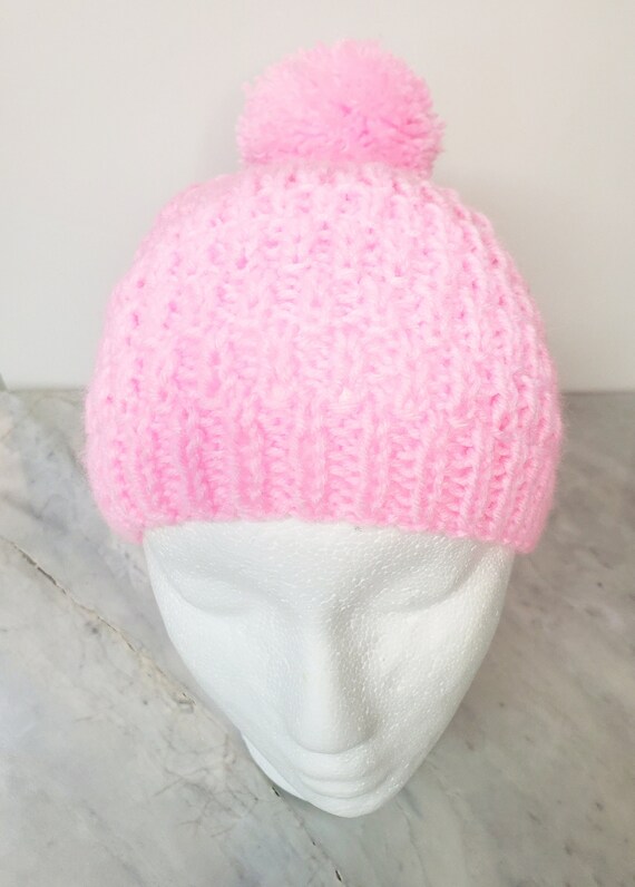 Pink Crochet Hat with Big Pompom/ Knitted Beanie for Kids/ Winter Hat