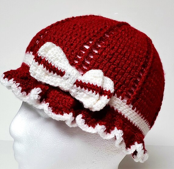 Knitted Girl Hat/ Bow Hat/ Girl Winter Hat/ Crochet Hat/ Crochet Winter Beanie/ Red Winter Hat/ Red Knitted Hat/ Red and White Hat