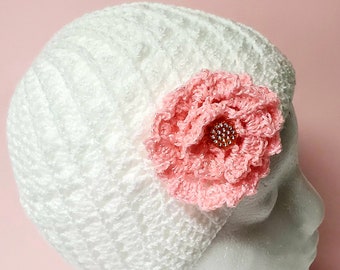 Knitted White Hat for Girls with Peach Flower/ Crochet White Hat with Peach Rose/ Winter Hat for Girl
