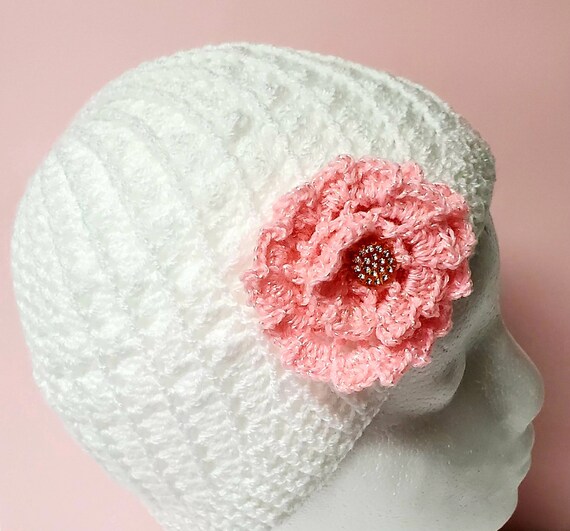 Knitted White Hat for Girls with Peach Flower/ Crochet White Hat with Peach Rose/ Winter Hat for Girl