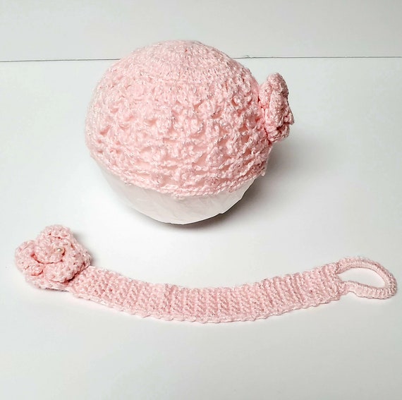 Baby Girl Crochet Set/ Pink Knitted Hat and Pacifier Holder for Baby/ Newborn Crochet set