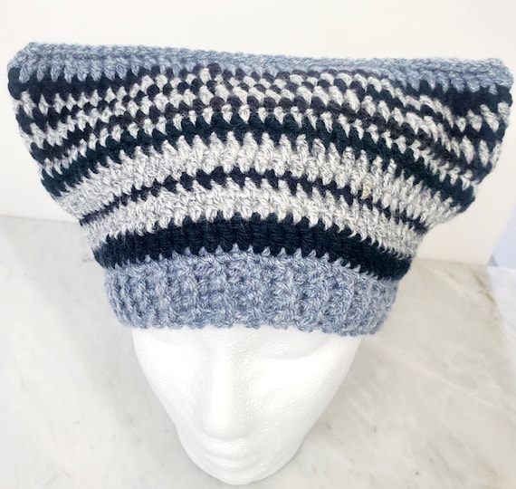 Crochet Striped Cat Hat/ Gray and Black Knitted Cat Hat