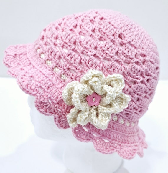 Pink Bucket Hat with Beige Flower/ Cute Crochet Handmade Hat for Girls/ Knitted Pink Beanie with Crochet Flower/Unique/Handmade