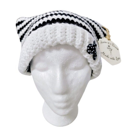 Cat Ear Crochet Hat/ Black and White Knitted Hat/ Crochet Beanie/ Winter Hat/ Handmade Hat