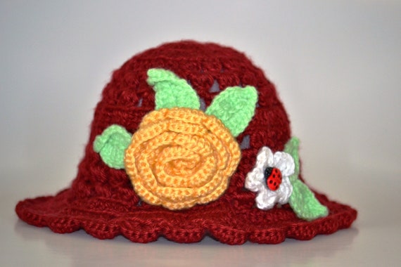 Crochet Hat for Girls/  Knitted Hat for Girls/ Red Hat/ Flower Hat/ Girl Winter Hat/ Girl Hat/ Ladybug