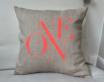 Neon/One natural linen cushion cover in neon red