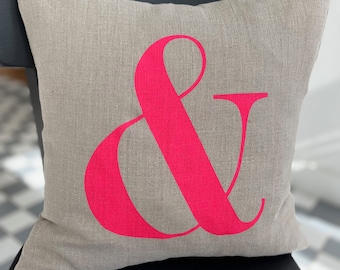 Natural Linen Cushion Cover: Neon Pink Ampersand Accent Pillow