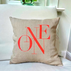 Neon/One natural linen cushion cover in neon red