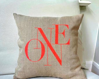 Neon/One natural linen cushion cover in neon red