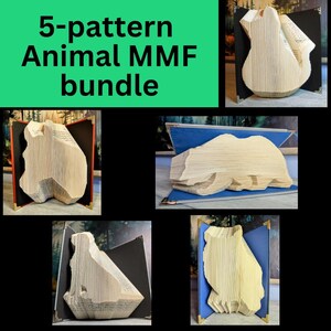 May include: A bundle of five animal-shaped book folding patterns. Each pattern is cut from the pages of a book, creating a 3D animal silhouette. The text "5-pattern Animal MMF bundle" is in the upper left corner.