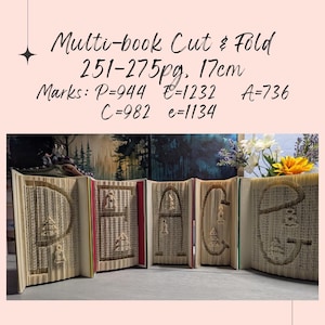 May include: A multi-book cut and fold art piece. The books are arranged to spell out the word "PAGE". The books are tan with red and green edges. The text on the image reads "Multi-book Cut & Fold 251-275pg. 17cm".