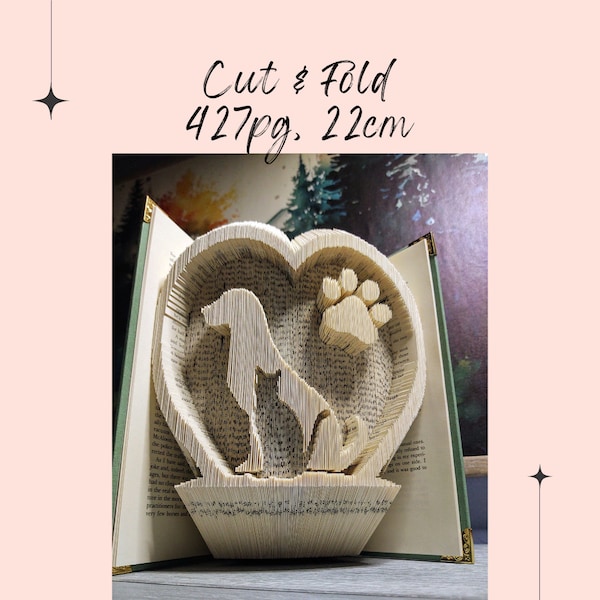 BOOK FOLDING PATTERN_Cut and Fold_Heart with Dog and Cat and Pawprint_Pets_Animals_Furbaby