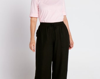 Crop Wide Leg Linen Pants Black