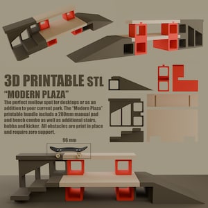 May include: 3D printable STL file for a "Modern Plaza" skatepark. The set includes a ramp, stairs, hubba, kicker, and a manual pad. The skatepark is designed for a 96 mm fingerboard.