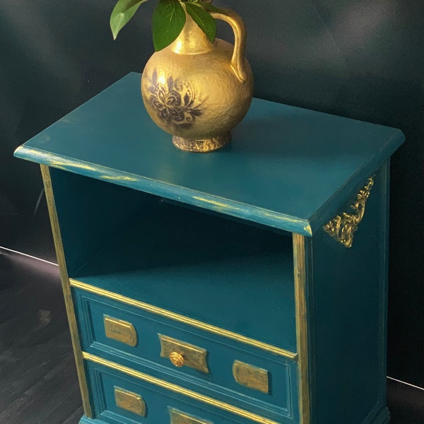 Chest of Drawers - Blue/Green/Gold- Shabby Chic Vintage Antique Retro Old Style