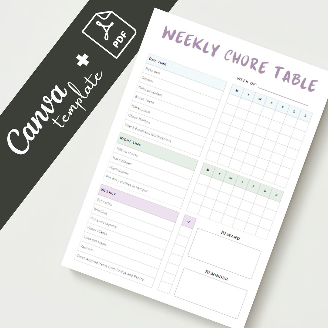 Weekly Chore Table - Pastel - Canva Template and PDF - Etsy