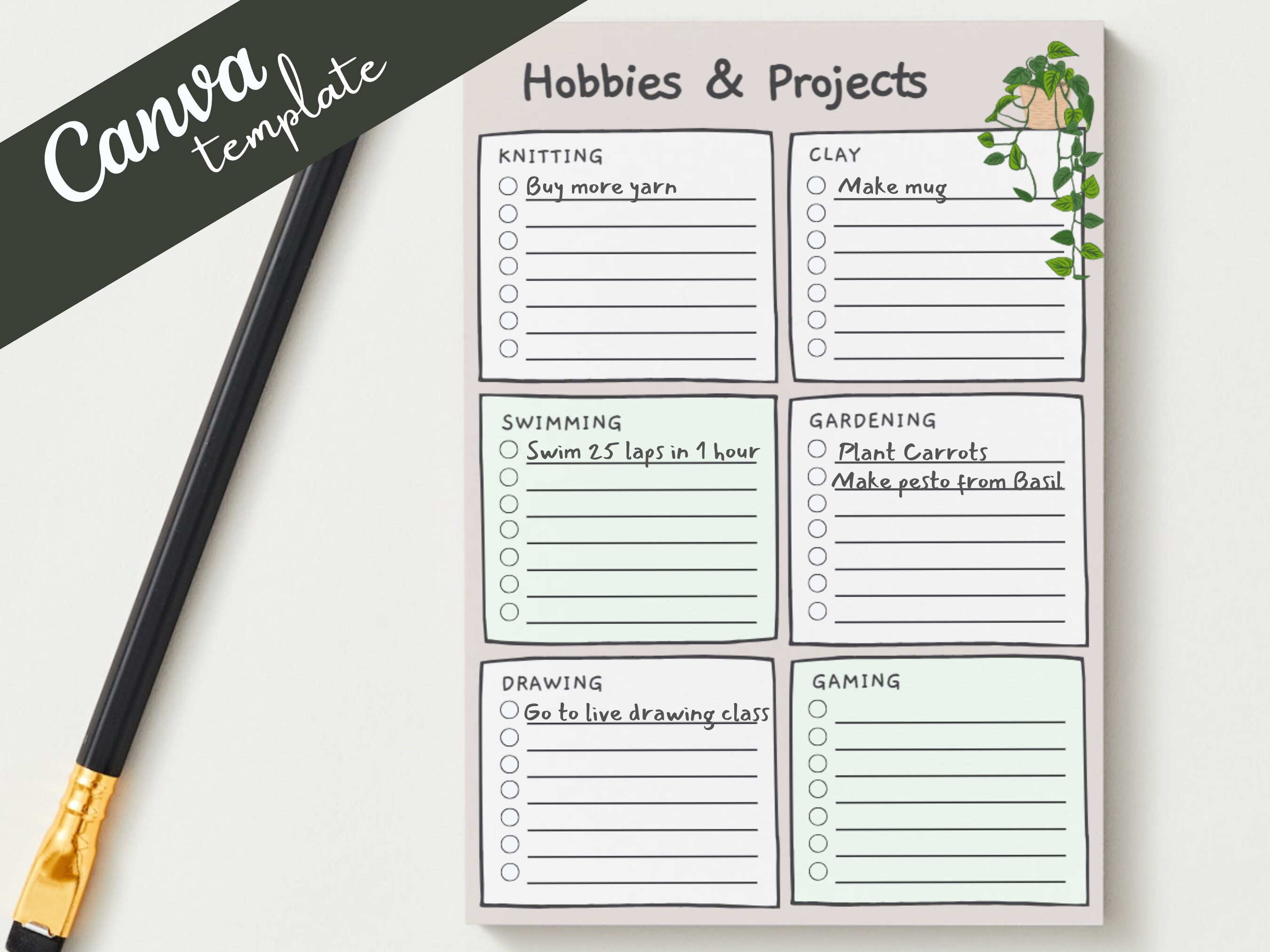 Hobbies and Projects Planner - Pot Plants - Canva Template - Etsy