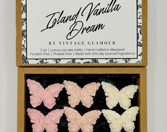 Butterfly Soy Wax Melts| Luxury Wax Melts| Island Vanilla Dream| Unique Gift Idea| Wax Melt Gift Box| Pink and Gold| Mother’s Day Gift