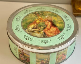 Vintage Renoir Style Tin Canister Cottagecore Decor French Country Storage Tin Victorian Art Round Metal Box Shabby Chic Kitchen Decor