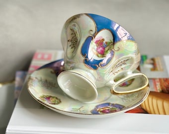 Vintage Lusterware Teacup & Saucer | Victorian Courting Scene, Gold Trim