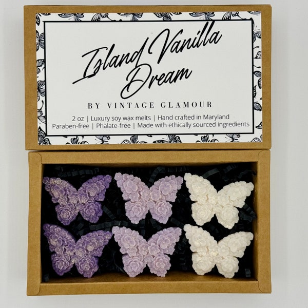 Butterfly Soy Wax Melts| Luxury Wax Melts| Island Vanilla Dream| Unique Gift Idea| Wax Melt Gift Box| Purple and Gold| Mother’s Day Gift