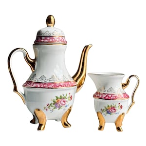 Vintage Imperial Japan Coffee Pot & Creamer Set| Pink Rose Floral Porcelain, Gold Trim, Ornate Baroque Feet | Grand Millennial, Coquette