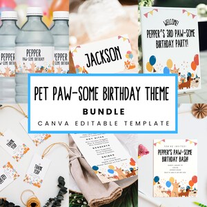 Modello di design per compleanno Pet Paw-some, menù per bambini, invito digitale, biglietto di ringraziamento, etichette per bomboniere, modificabile in Canva