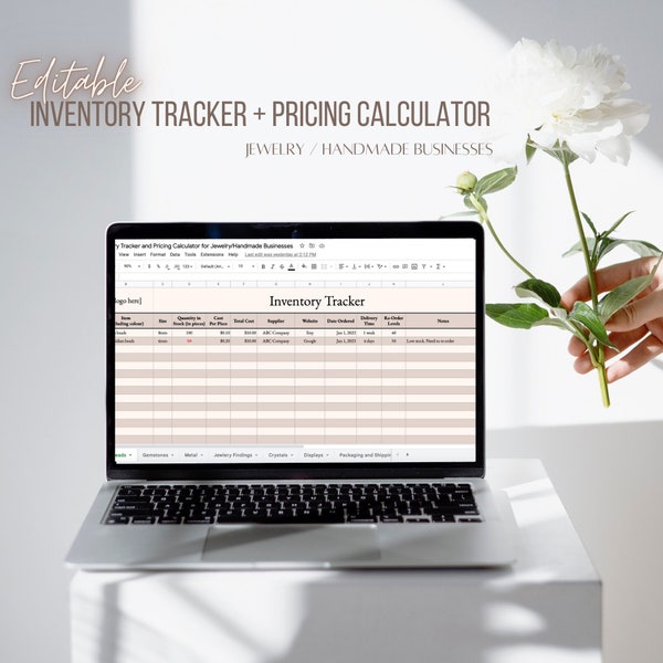Editable Detailed Inventory Tracker and Product Pricing Calculator for Jewelry or Handmade Businesses. Google Sheets. Flags low stock.