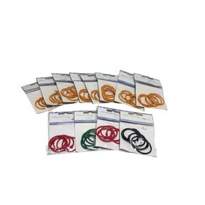 May include: A variety pack of album rings in different colours, including yellow, red, green, and black. The rings are packaged in clear plastic bags with the text "Album Rings" printed on the front.