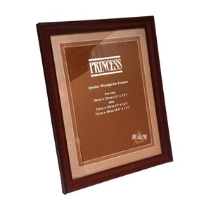 May include: A rectangular woodgrain picture frame with a dark brown finish. The frame has a decorative edge and a brown interior. The text "PRINCESS" is displayed at the top, with size details: 28cm x 35cm, 23cm x 30cm, and 21cm x 28cm.