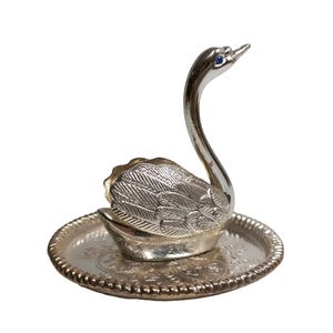 Swan Ring Holder, Silver Plated with Blue Gemstone, Hair Tie Holder, Vintage Ring Holder (#H1391)