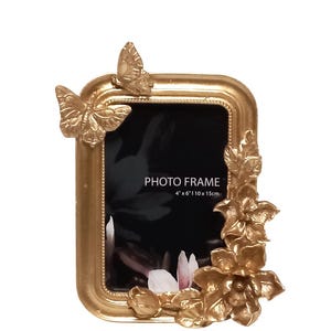 Elegant 4X6” inch Gold Butterfly and Flowers Photo Frame with Glass for Desktop or Tabletop (#H374)