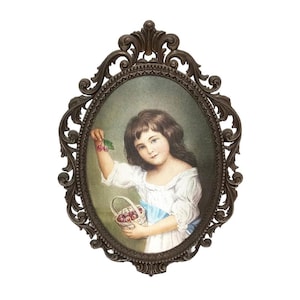 Vintage Artitalia Italian 24 x 16cm Oval Framed Silk Print, Girl with Grapes, John Russell (#H1556)