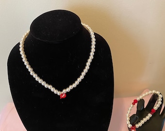 Pearl Necklace Set, Red Flower & Lip Charms