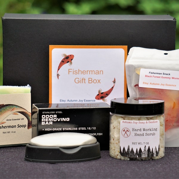 Fisherman Gift Box: All-natural cold process Anise scented soap, Hard Working Man's Hand Scrub, Stainless Steel Bar, and Gummy Worms