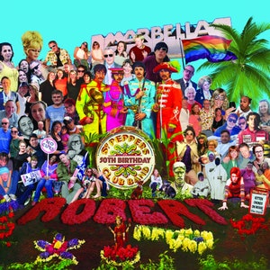 May include: A colourful collage of people celebrating a 30th birthday party with a large, round, psychedelic-style graphic of the Beatles' "Sgt. Pepper's Lonely Hearts Club Band" album cover. The collage includes a rainbow flag, palm trees, and the words "Marbella" and "Roberts" in large, colourful letters.