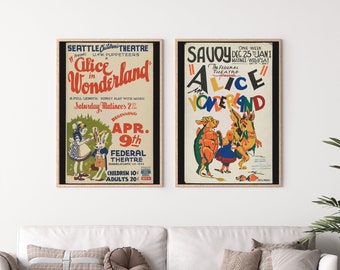 Vintage Alice in Wonderland Print Set of 2, Alice in Wonderland Decor, Digital Art, Print Set of 2, Retro Poster, Digital Download