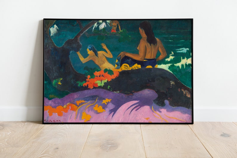 May include: A painting of three figures in a tropical landscape. The figures are nude and are standing in a body of water. The water is a deep blue and the landscape is lush and green. The painting is done in a style that is reminiscent of Paul Gauguin.