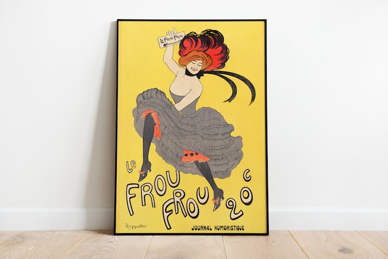 May include: A vintage poster advertising the French satirical magazine "Le Frou Frou" with a woman in a red and black dress and hat holding a newspaper that reads "Le Frou Frou". The poster has a yellow background and black text that reads "Le Frou Frou 20" and "Journal Humoristique".