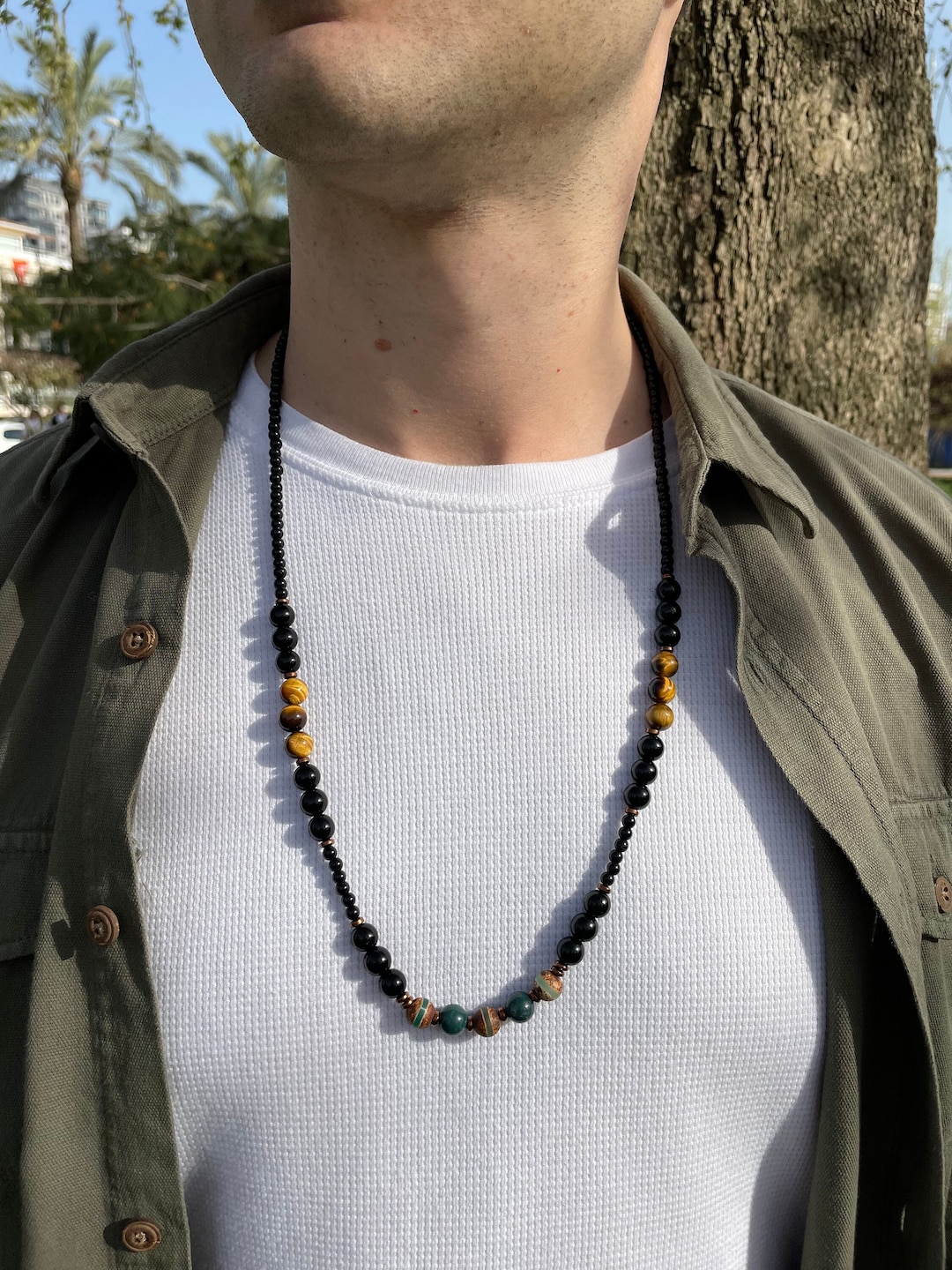 Beaded Necklace for Men Made With Natural Bloodstone, Tiger's Eye