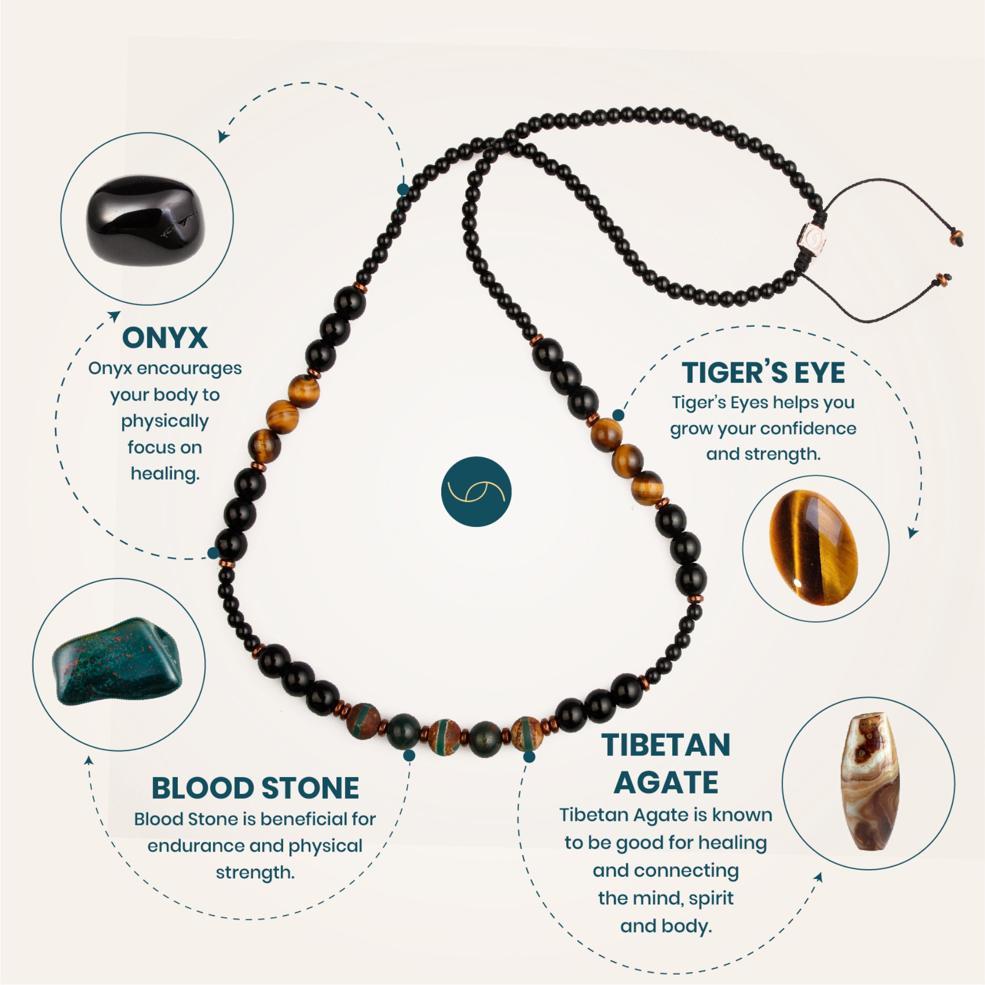 Beaded Necklace for Men Made With Natural Bloodstone, Tiger's Eye