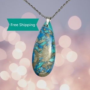Energy Turquoise Jasper Necklace, Teardrop Stone Pendant, Semi Precious Gemstone, Classic Design, Stainless Steel Chain, Gift Packaged