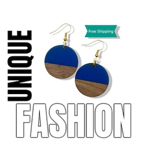 Wood and Blue Dangle Earrings, Designer Hoop Earings for Women, Drop Statement Earrings, Gold Walnut Wooden Earrings, Long Earrings