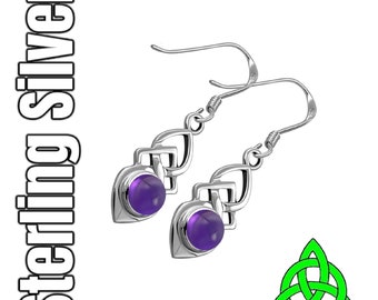Amethyst Celtic Knot Long Drop Silver Earrings