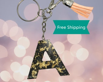 Initial Buchstabe Schlüsselanhänger, Alphabet Kette Geldbörse, Handtasche Quaste Charm, Klassisch Schwarz Gold Custom House, Auto, Schlüsselring Geschenk verpackt