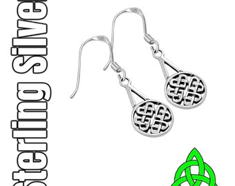 Celtic Dara Knot Solid Silver Drop Irish Teardrop Earrings